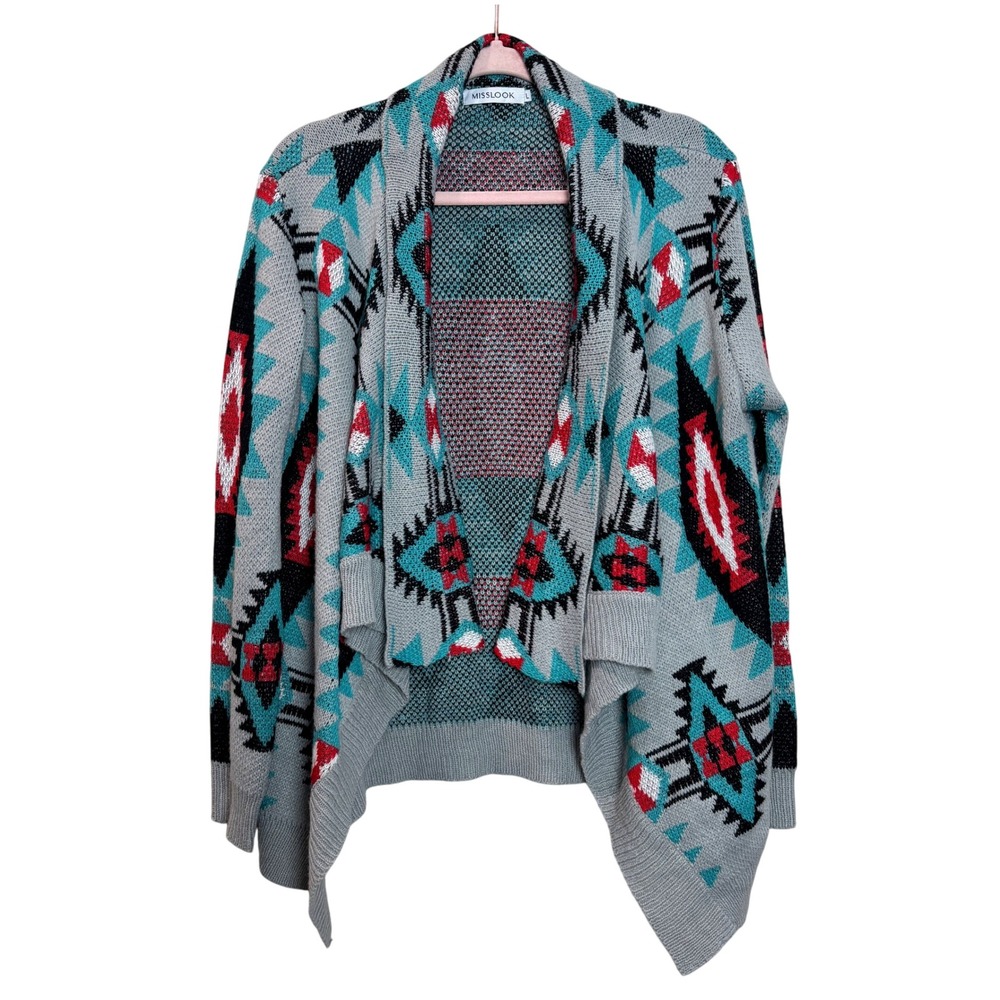 MISSLOOK Women's L Geometric Aztec Blanket Open Front Waterfall Cardigan Sweater